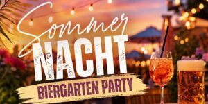 Sommernacht Biergarten Party - Ankündigung mit Getränken bei Sonnenuntergang