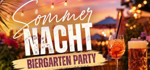 Sommernacht Biergarten Party - Ankündigung mit Getränken bei Sonnenuntergang