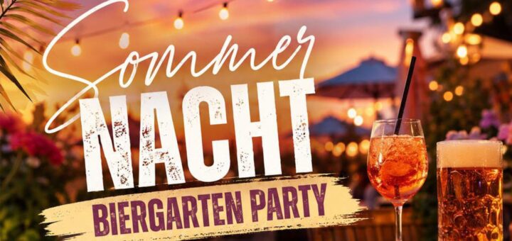 Sommernacht Biergarten Party - Ankündigung mit Getränken bei Sonnenuntergang