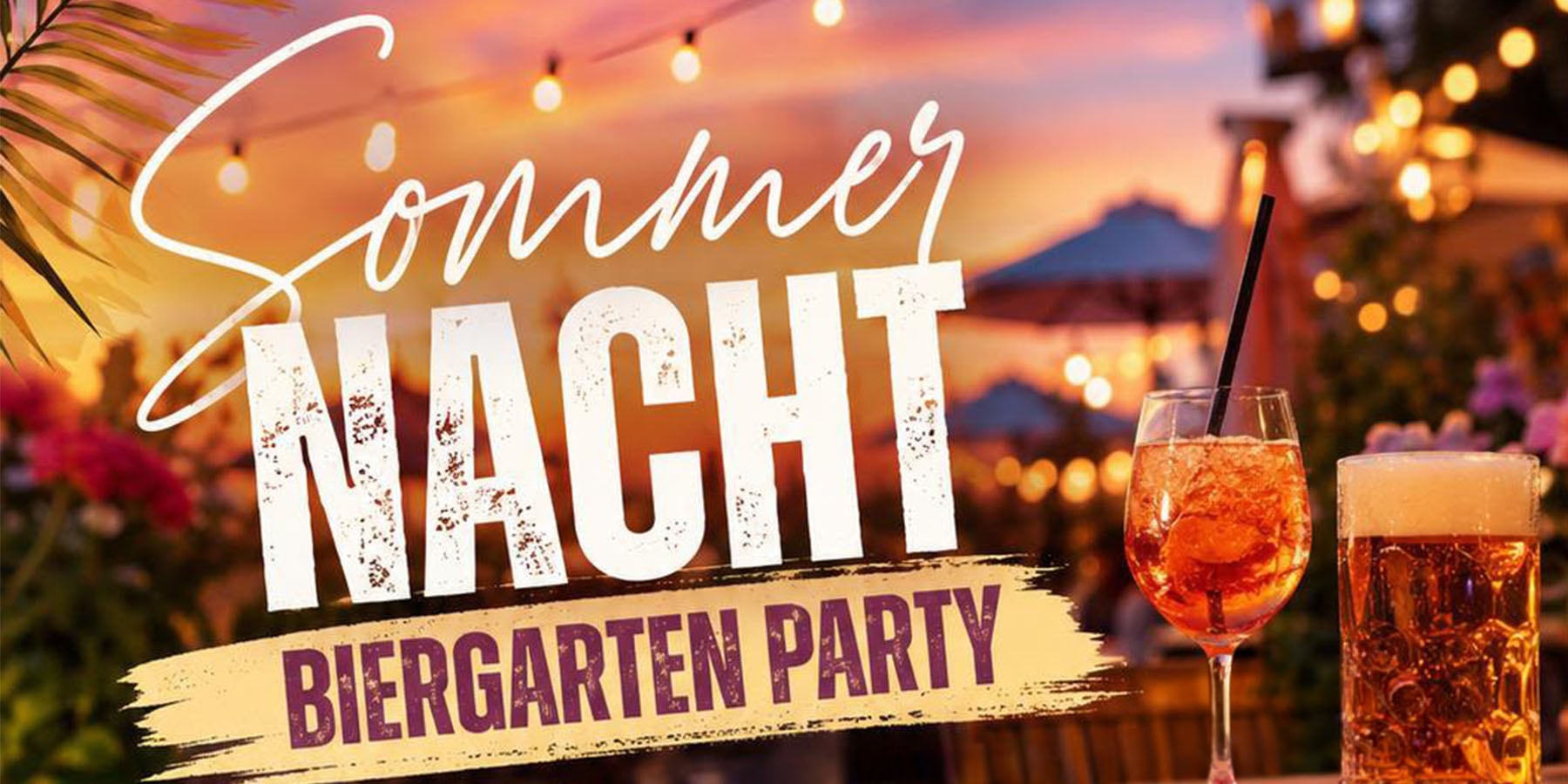 Sommernacht Biergarten Party - Ankündigung mit Getränken bei Sonnenuntergang